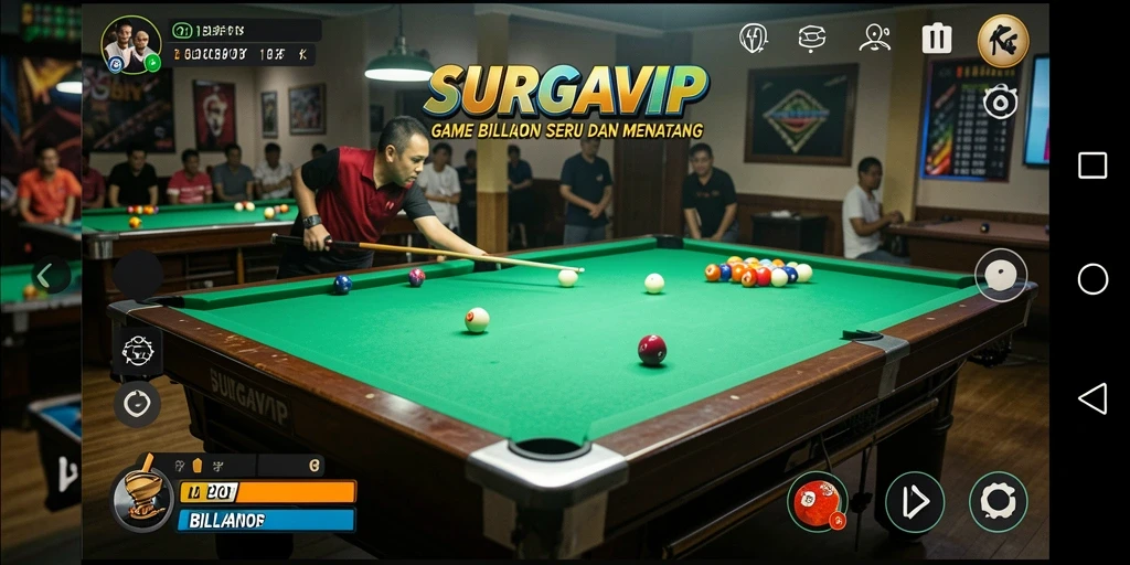 Antarmuka permainan Billiard yang menarik dan penuh warna.